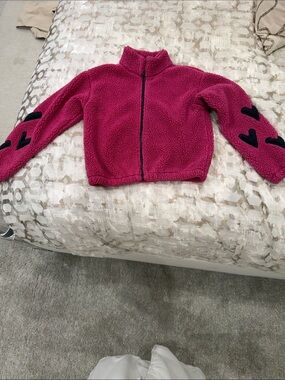 Splendid Hot Pink Sherpa Jacket with Black Heart Appliqués